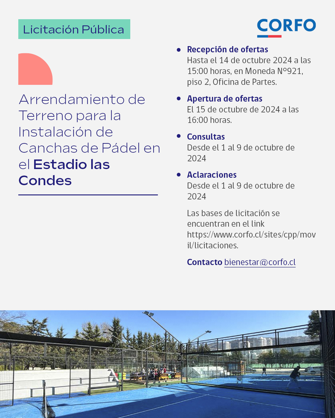 Licitación Pública para el arrendamiento de terreno para instalación de canchas de pádel en el Estadio las Condes